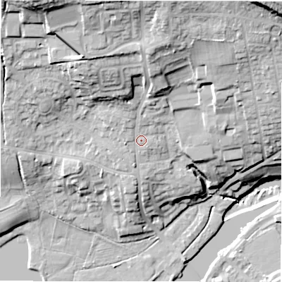 Shaded relief map of the ground around LS212AU, computed from Environment Agency LiDAR. The ground here sits at about 63 m above sea level and falls 36 m across the surrounding 800 m. Surface water reaching this point runs off ground lying to the north-north-west, 19.8 m higher.