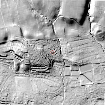 Shaded relief map of the ground around LS212AZ, computed from Environment Agency LiDAR. The ground here sits at about 86 m above sea level and falls 60 m across the surrounding 800 m. Surface water reaching this point runs off ground lying to the north-north-west, 23.3 m higher.