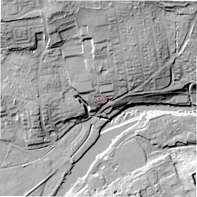 Shaded relief map of the ground around LS212BA, computed from Environment Agency LiDAR. The ground here sits at about 60 m above sea level and falls 28 m across the surrounding 800 m. Surface water reaching this point runs off ground lying to the north, 14.8 m higher.
