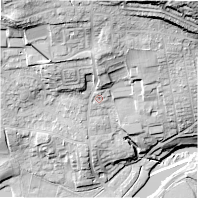 Shaded relief map of the ground around LS212BF, computed from Environment Agency LiDAR. The ground here sits at about 64 m above sea level and falls 44 m across the surrounding 800 m. Surface water reaching this point runs off ground lying to the north, 6.0 m higher.