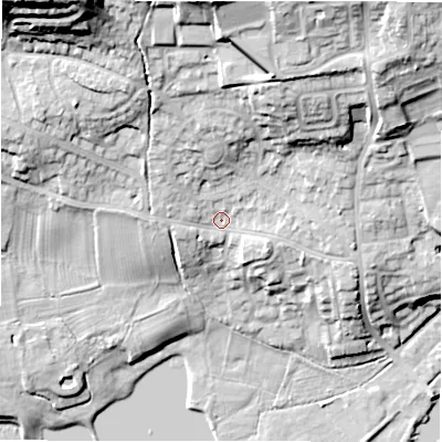 Shaded relief map of the ground around LS212DB, computed from Environment Agency LiDAR. The ground here sits at about 60 m above sea level and falls 34 m across the surrounding 800 m. Surface water reaching this point runs off ground lying to the north-north-east, 14.5 m higher.