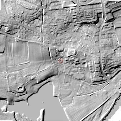 Shaded relief map of the ground around LS212DE, computed from Environment Agency LiDAR. The ground here sits at about 57 m above sea level and falls 24 m across the surrounding 800 m. Surface water reaching this point runs off ground lying to the north-north-east, 18.6 m higher.
