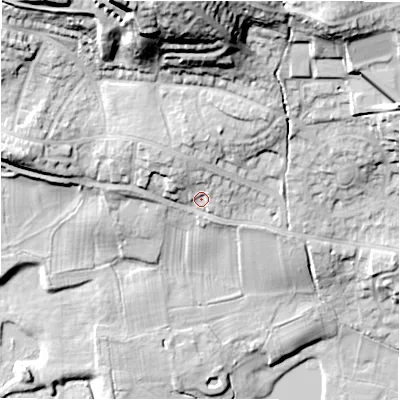 Shaded relief map of the ground around LS212DF, computed from Environment Agency LiDAR. The ground here sits at about 63 m above sea level and falls 41 m across the surrounding 800 m. Surface water reaching this point runs off ground lying to the north-west, 6.3 m higher.
