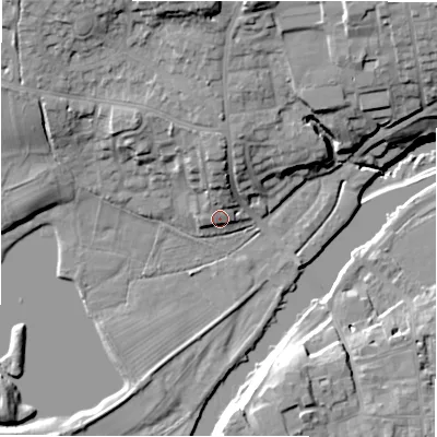 Shaded relief map of the ground around LS212DY, computed from Environment Agency LiDAR. The ground here sits at about 56 m above sea level and falls 22 m across the surrounding 800 m. Surface water reaching this point runs off ground lying to the north, 2.2 m higher.