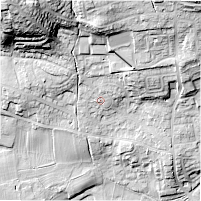 Shaded relief map of the ground around LS212EB, computed from Environment Agency LiDAR. The ground here sits at about 65 m above sea level and falls 45 m across the surrounding 800 m. Surface water reaching this point runs off ground lying to the north-north-east, 3.3 m higher.
