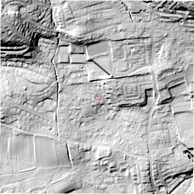 Shaded relief map of the ground around LS212ED, computed from Environment Agency LiDAR. The ground here sits at about 67 m above sea level and falls 45 m across the surrounding 800 m. Surface water reaching this point runs off ground lying to the north-east, 6.9 m higher.
