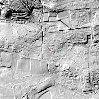 Shaded relief map of the ground around LS212EE, computed from Environment Agency LiDAR. The ground here sits at about 63 m above sea level and falls 43 m across the surrounding 800 m. Surface water reaching this point runs off ground lying to the north-north-east, 4.6 m higher.