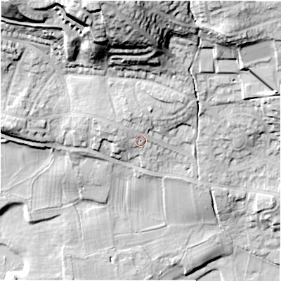 Shaded relief map of the ground around LS212EL, computed from Environment Agency LiDAR. The ground here sits at about 66 m above sea level and falls 45 m across the surrounding 800 m. Surface water reaching this point runs off ground lying to the north-north-west, 3.3 m higher.