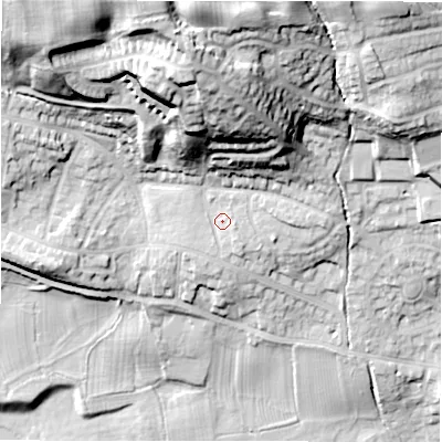 Shaded relief map of the ground around LS212EN, computed from Environment Agency LiDAR. The ground here sits at about 68 m above sea level and falls 47 m across the surrounding 800 m. Surface water reaching this point runs off ground lying to the south-east, 1.6 m higher.