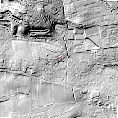 Shaded relief map of the ground around LS212EP, computed from Environment Agency LiDAR. The ground here sits at about 67 m above sea level and falls 46 m across the surrounding 800 m. Surface water reaching this point runs off ground lying to the north-north-east, 3.8 m higher.