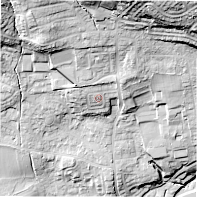 Shaded relief map of the ground around LS212ER, computed from Environment Agency LiDAR. The ground here sits at about 72 m above sea level and falls 53 m across the surrounding 800 m. Surface water reaching this point runs off ground lying to the north-west, 4.6 m higher.