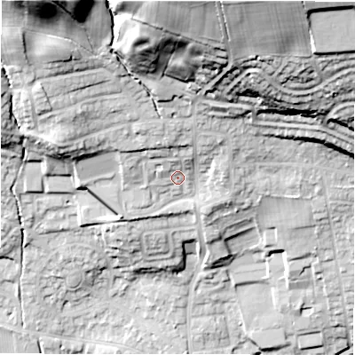 Shaded relief map of the ground around LS212FA, computed from Environment Agency LiDAR. The ground here sits at about 74 m above sea level and falls 55 m across the surrounding 800 m. Surface water reaching this point runs off ground lying to the north-north-west, 6.3 m higher.