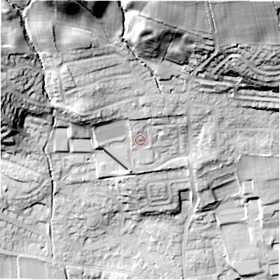 Shaded relief map of the ground around LS212FB, computed from Environment Agency LiDAR. The ground here sits at about 76 m above sea level and falls 55 m across the surrounding 800 m. Surface water reaching this point runs off ground lying to the north, 2.6 m higher.
