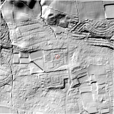 Shaded relief map of the ground around LS212FD, computed from Environment Agency LiDAR. The ground here sits at about 76 m above sea level and falls 53 m across the surrounding 800 m. Surface water reaching this point runs off ground lying to the north-north-west, 8.7 m higher.