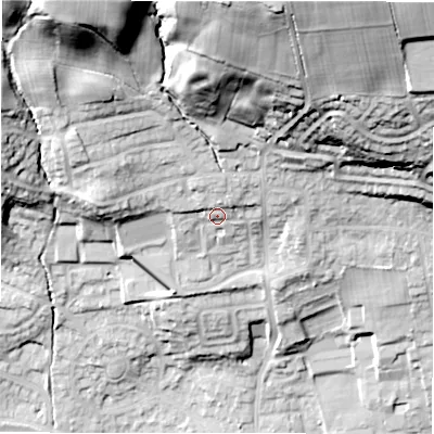 Shaded relief map of the ground around LS212FE, computed from Environment Agency LiDAR. The ground here sits at about 78 m above sea level and falls 56 m across the surrounding 800 m. Surface water reaching this point runs off ground lying to the north-north-west, 5.1 m higher.