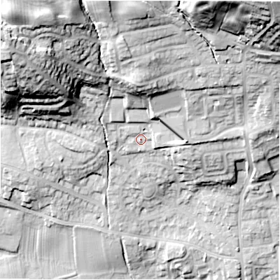 Shaded relief map of the ground around LS212FL, computed from Environment Agency LiDAR. The ground here sits at about 69 m above sea level and falls 48 m across the surrounding 800 m. Surface water reaching this point runs off ground lying to the north, 15.1 m higher.