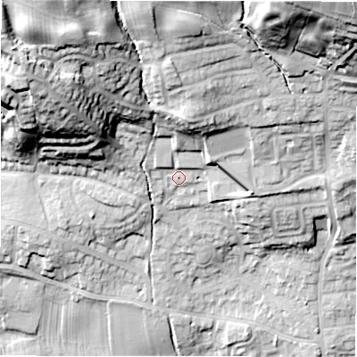 Shaded relief map of the ground around LS212FN, computed from Environment Agency LiDAR. The ground here sits at about 70 m above sea level and falls 50 m across the surrounding 800 m. Surface water reaching this point runs off ground lying to the north-north-east, 14.2 m higher.