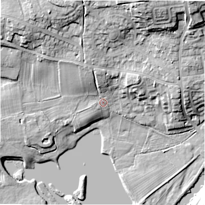 Shaded relief map of the ground around LS212HH, computed from Environment Agency LiDAR. The ground here sits at about 57 m above sea level and falls 23 m across the surrounding 800 m. Surface water reaching this point runs off ground lying to the north-north-east, 18.3 m higher.