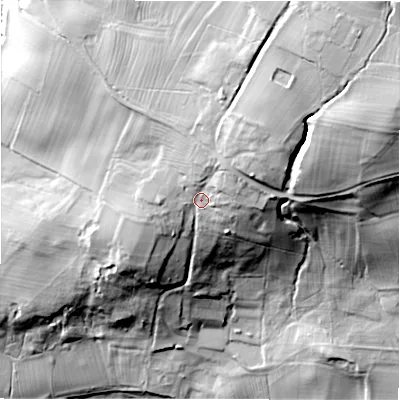 Shaded relief map of the ground around LS212HP, computed from Environment Agency LiDAR. The ground here sits at about 100 m above sea level and falls 64 m across the surrounding 800 m. Surface water reaching this point runs off ground lying to the north-east, 22.8 m higher.