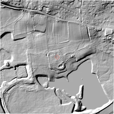 Shaded relief map of the ground around LS212HQ, computed from Environment Agency LiDAR. The ground here sits at about 57 m above sea level and falls 18 m across the surrounding 800 m. Surface water reaching this point runs off ground lying to the west-north-west, 1.3 m higher.
