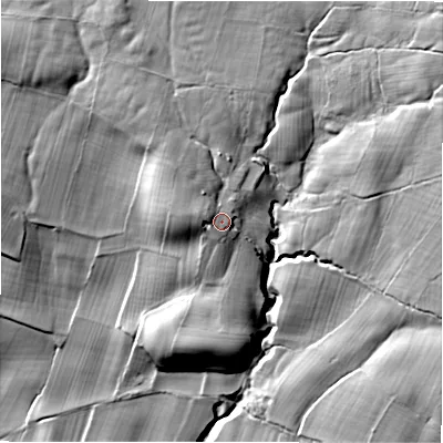 Shaded relief map of the ground around LS212HU, computed from Environment Agency LiDAR. The ground here sits at about 172 m above sea level and falls 65 m across the surrounding 800 m. Surface water reaching this point runs off ground lying to the north-north-east, 13.7 m higher.
