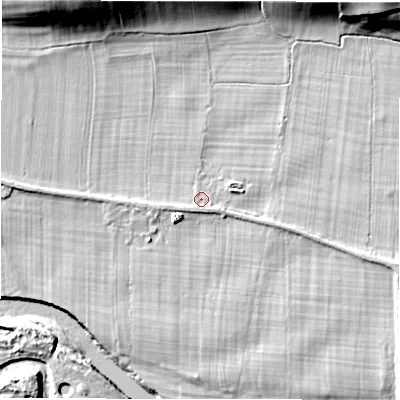 Shaded relief map of the ground around LS212JP, computed from Environment Agency LiDAR. The ground here sits at about 46 m above sea level and falls 17 m across the surrounding 800 m. Surface water reaching this point runs off ground lying to the south-south-west, 0.9 m higher.