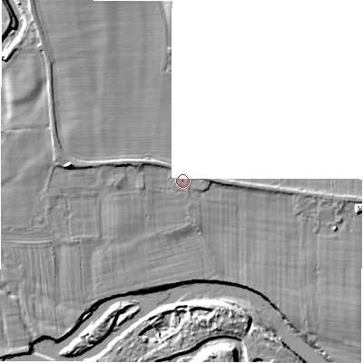 Shaded relief map of the ground around LS212JR, computed from Environment Agency LiDAR. The ground here sits at about 48 m above sea level and falls 10 m across the surrounding 800 m. Surface water reaching this point runs off ground lying to the east, 1.1 m higher.