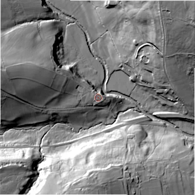 Shaded relief map of the ground around LS212NX, computed from Environment Agency LiDAR. The ground here sits at about 165 m above sea level and falls 65 m across the surrounding 800 m. Surface water reaching this point runs off ground lying to the west, 3.3 m higher.