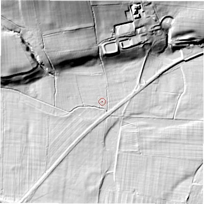 Shaded relief map of the ground around LS212PR, computed from Environment Agency LiDAR. The ground here sits at about 45 m above sea level and falls 26 m across the surrounding 800 m. Surface water reaching this point runs off ground lying to the north-north-west, 23.5 m higher.