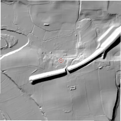 Shaded relief map of the ground around LS212PY, computed from Environment Agency LiDAR. The ground here sits at about 48 m above sea level and falls 27 m across the surrounding 800 m. Surface water reaching this point runs off ground lying to the south-east, 15.2 m higher.