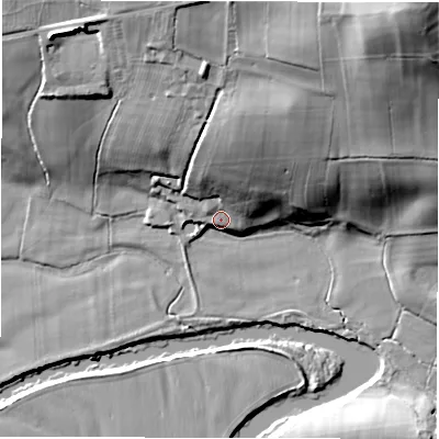 Shaded relief map of the ground around LS212PZ, computed from Environment Agency LiDAR. The ground here sits at about 45 m above sea level and falls 46 m across the surrounding 800 m. Surface water reaching this point runs off ground lying to the north, 18.9 m higher.