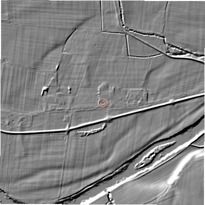 Shaded relief map of the ground around LS212QA, computed from Environment Agency LiDAR. The ground here sits at about 44 m above sea level and falls 8 m across the surrounding 800 m. Surface water reaching this point runs off ground lying to the west-south-west, 2.2 m higher.