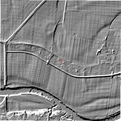 Shaded relief map of the ground around LS212QB, computed from Environment Agency LiDAR. The ground here sits at about 45 m above sea level and falls 9 m across the surrounding 800 m. Surface water reaching this point runs off ground lying to the west-north-west, 2.3 m higher.
