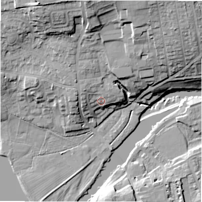 Shaded relief map of the ground around LS212RD, computed from Environment Agency LiDAR. The ground here sits at about 59 m above sea level and falls 28 m across the surrounding 800 m. Surface water reaching this point runs off ground lying to the west-north-west, 4.7 m higher.