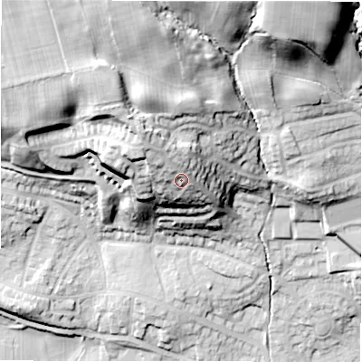Shaded relief map of the ground around LS212RQ, computed from Environment Agency LiDAR. The ground here sits at about 90 m above sea level and falls 55 m across the surrounding 800 m. Surface water reaching this point runs off ground lying to the north-west, 10.4 m higher.