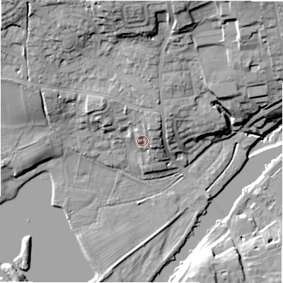 Shaded relief map of the ground around LS212RX, computed from Environment Agency LiDAR. The ground here sits at about 59 m above sea level and falls 25 m across the surrounding 800 m. Surface water reaching this point runs off ground lying to the north, 5.7 m higher.