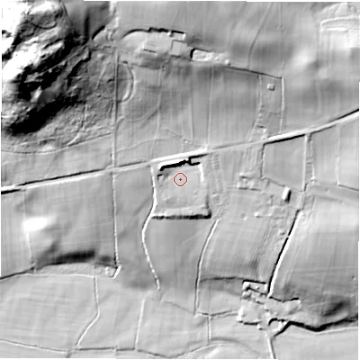 Shaded relief map of the ground around LS212RZ, computed from Environment Agency LiDAR. The ground here sits at about 58 m above sea level and falls 62 m across the surrounding 800 m. Surface water reaching this point runs off ground lying to the north-east, 5.7 m higher.