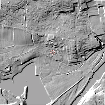 Shaded relief map of the ground around LS212SE, computed from Environment Agency LiDAR. The ground here sits at about 56 m above sea level and falls 22 m across the surrounding 800 m. Surface water reaching this point runs off ground lying to the north, 8.0 m higher.