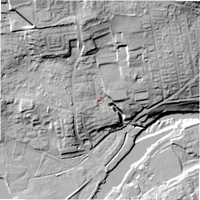 Shaded relief map of the ground around LS212SF, computed from Environment Agency LiDAR. The ground here sits at about 61 m above sea level and falls 29 m across the surrounding 800 m. Surface water reaching this point runs off ground lying to the north, 16.8 m higher.