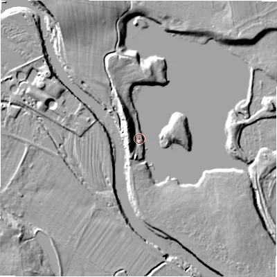 Shaded relief map of the ground around LS212SU, computed from Environment Agency LiDAR. The ground here sits at about 55 m above sea level and falls 12 m across the surrounding 800 m. Surface water reaching this point runs off ground lying to the south-south-west, 5.0 m higher.