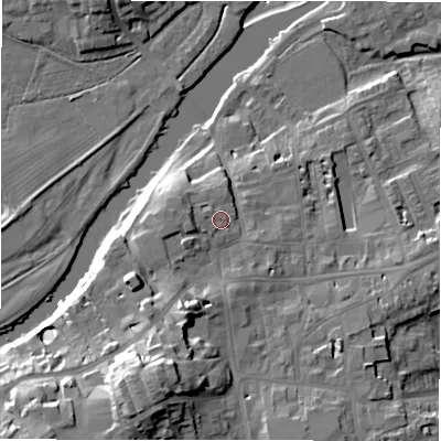 Shaded relief map of the ground around LS213AZ, computed from Environment Agency LiDAR. The ground here sits at about 61 m above sea level and falls 27 m across the surrounding 800 m. Surface water reaching this point runs off ground lying to the west-south-west, 3.2 m higher.