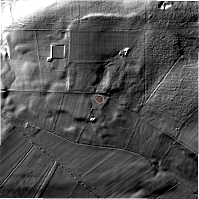 Shaded relief map of the ground around LS213DB, computed from Environment Agency LiDAR. The ground here sits at about 230 m above sea level and falls 35 m across the surrounding 800 m. Surface water reaching this point runs off ground lying to the north, 13.0 m higher.