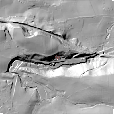 Shaded relief map of the ground around LS213DN, computed from Environment Agency LiDAR. The ground here sits at about 98 m above sea level and falls 85 m across the surrounding 800 m. Surface water reaching this point runs off ground lying to the north-west, 23.0 m higher.