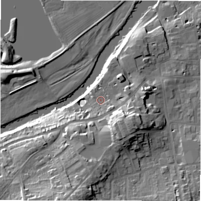 Shaded relief map of the ground around LS213DS, computed from Environment Agency LiDAR. The ground here sits at about 61 m above sea level and falls 29 m across the surrounding 800 m. Surface water reaching this point runs off ground lying to the south-east, 13.5 m higher.