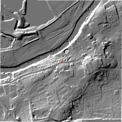 Shaded relief map of the ground around LS213DT, computed from Environment Agency LiDAR. The ground here sits at about 63 m above sea level and falls 30 m across the surrounding 800 m. Surface water reaching this point runs off ground lying to the south-south-east, 3.8 m higher.