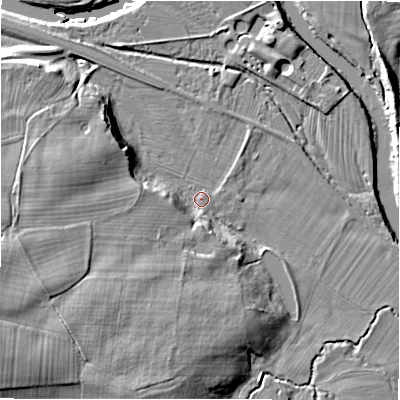 Shaded relief map of the ground around LS213DW, computed from Environment Agency LiDAR. The ground here sits at about 57 m above sea level and falls 14 m across the surrounding 800 m. Surface water reaching this point runs off ground lying to the west-south-west, 11.2 m higher.