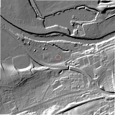 Shaded relief map of the ground around LS213EE, computed from Environment Agency LiDAR. The ground here sits at about 56 m above sea level and falls 40 m across the surrounding 800 m. The ground contributing surface water to this point lies to the south-east.