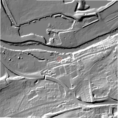 Shaded relief map of the ground around LS213JP, computed from Environment Agency LiDAR. The ground here sits at about 55 m above sea level and falls 37 m across the surrounding 800 m. Surface water reaching this point runs off ground lying to the east-south-east, 7.7 m higher.