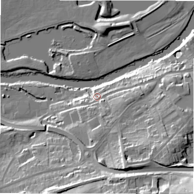 Shaded relief map of the ground around LS213LP, computed from Environment Agency LiDAR. The ground here sits at about 61 m above sea level and falls 41 m across the surrounding 800 m. Surface water reaching this point runs off ground lying to the south-south-east, 7.5 m higher.