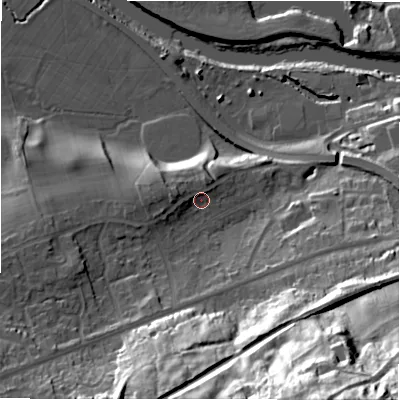 Shaded relief map of the ground around LS213LW, computed from Environment Agency LiDAR. The ground here sits at about 64 m above sea level and falls 64 m across the surrounding 800 m. Surface water reaching this point runs off ground lying to the west-north-west, 2.2 m higher.